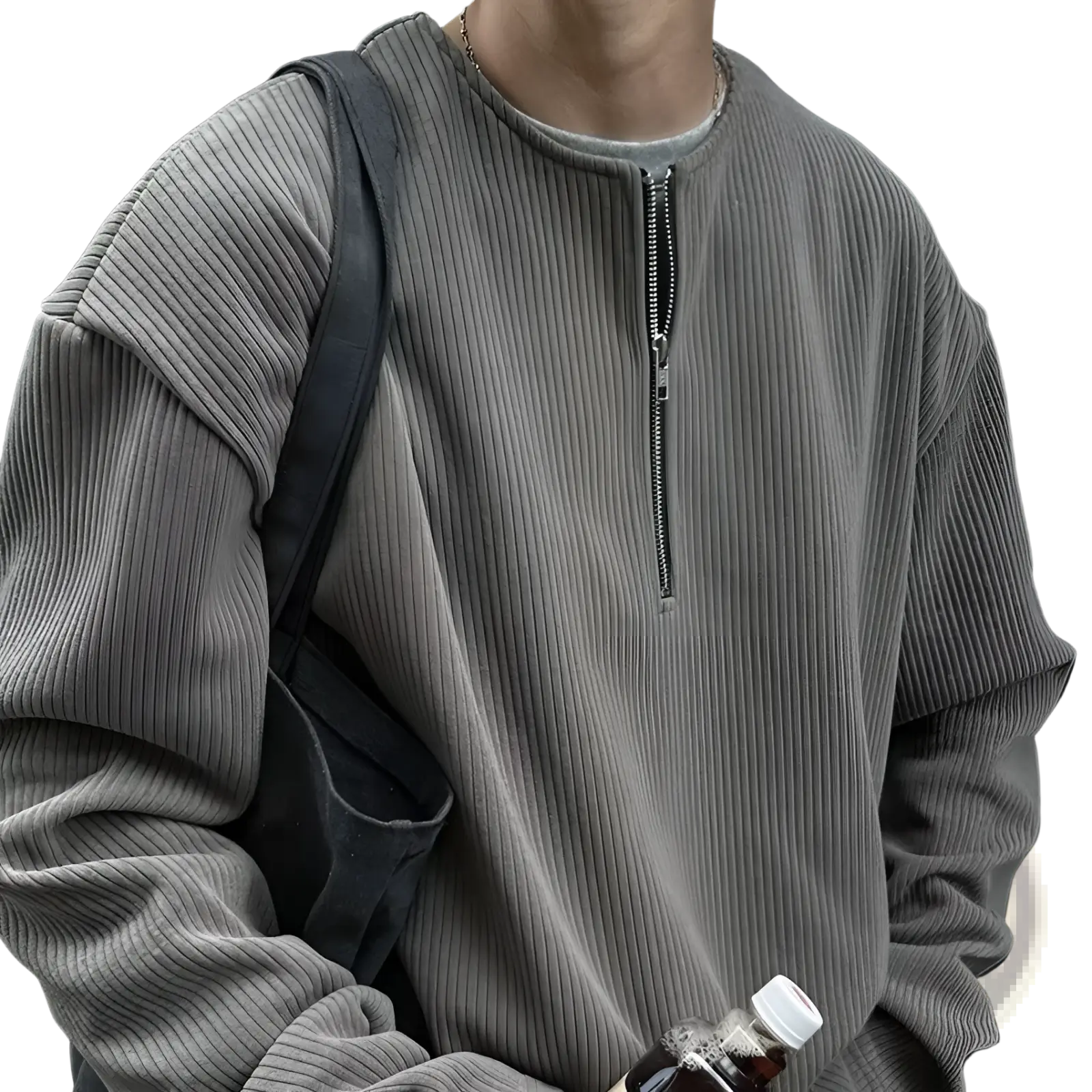 Men’s gray ribbed corduroy sweatshirt with a half-zip front for casual and comfortable wear