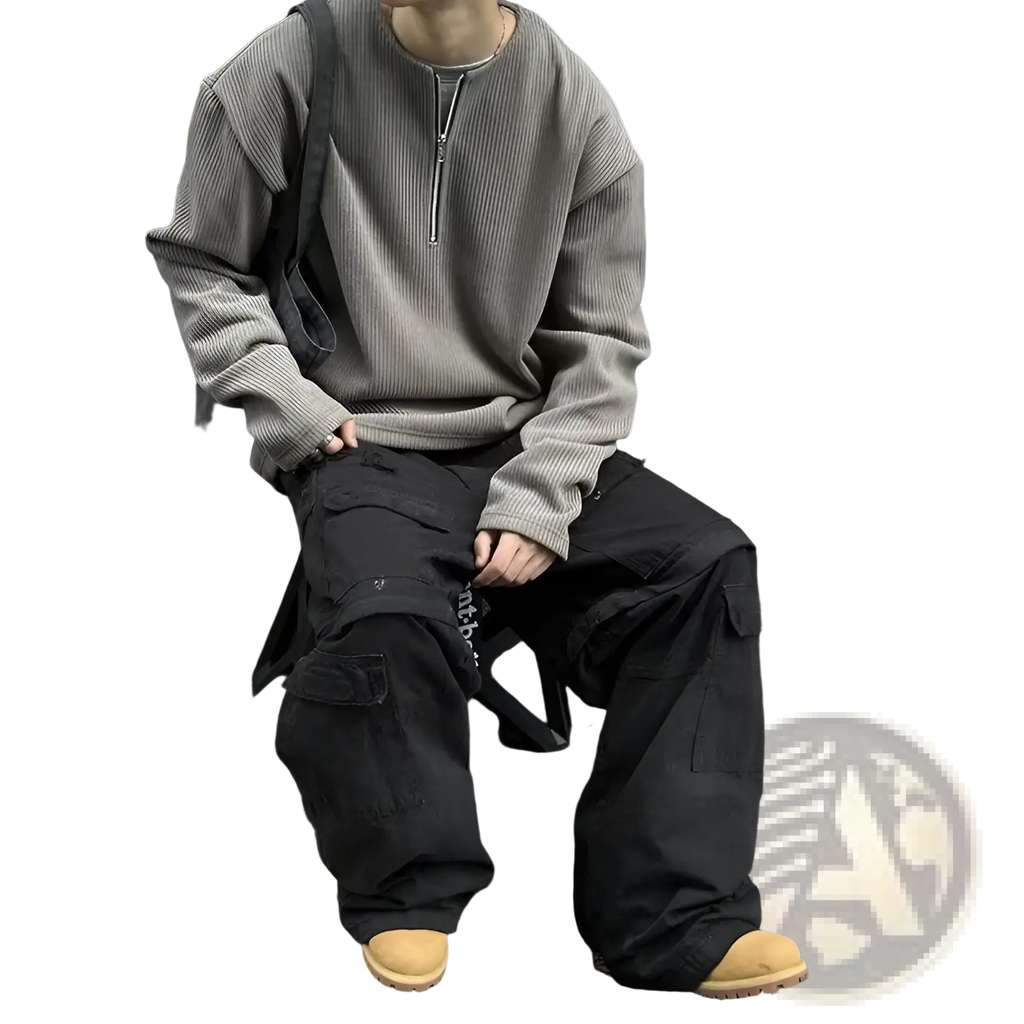 Men’s gray ribbed half-zip pullover sweater with long sleeves and a relaxed fit made from soft knit fabric