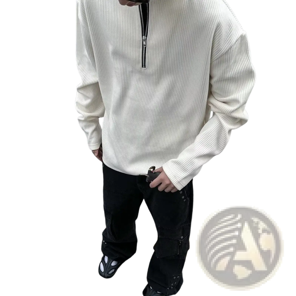 Off-white ribbed knit men’s long-sleeve pullover sweater with black half-zip neckline detail