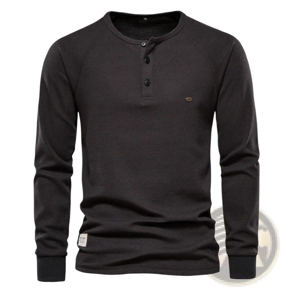 Black mens ribbed henley long sleeve shirt with a ribbed texture and three black buttons on the front