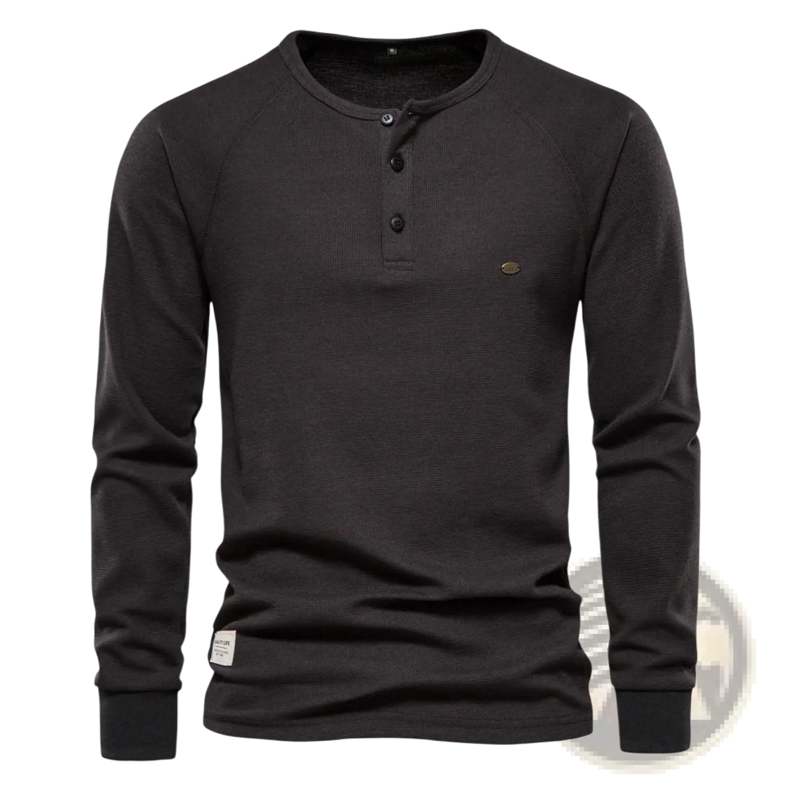 Black mens ribbed henley long sleeve shirt with a ribbed texture and three black buttons on the front
