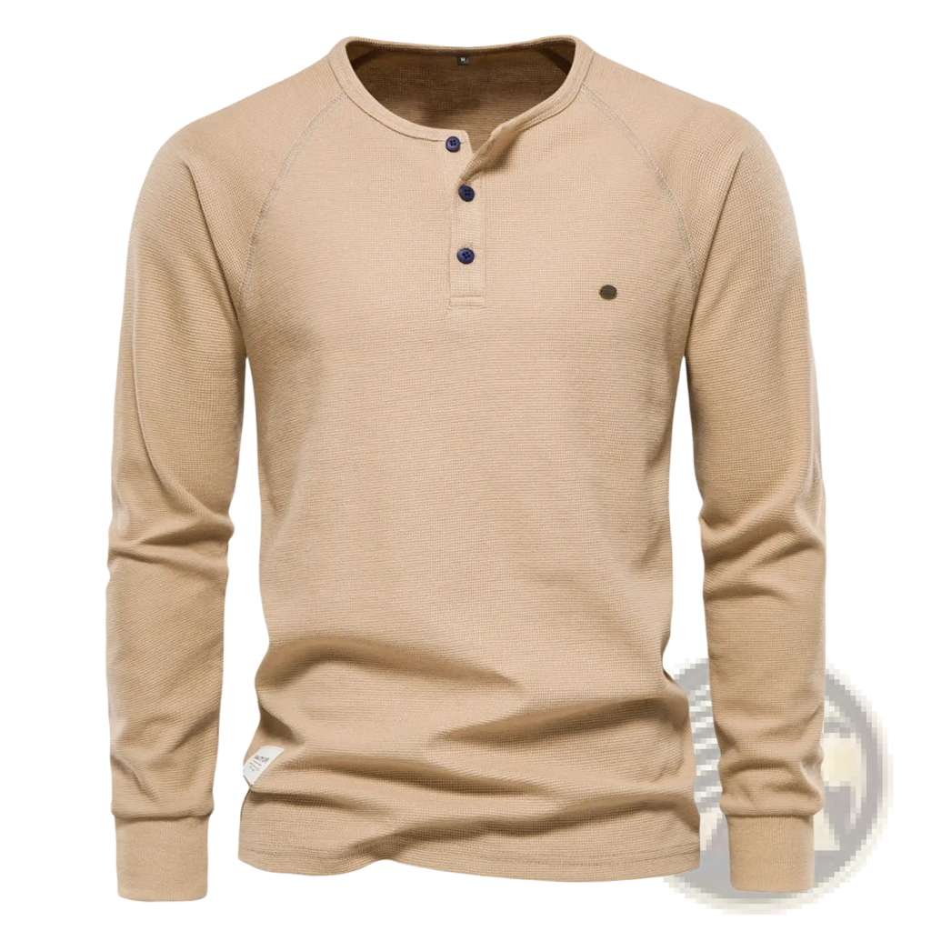 Beige mens ribbed henley long sleeve shirt with ribbed texture and dark blue buttons for casual wear