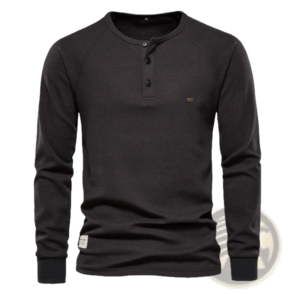Mens ribbed henley long sleeve shirt in black with ribbed texture and three black buttons on the front neckline