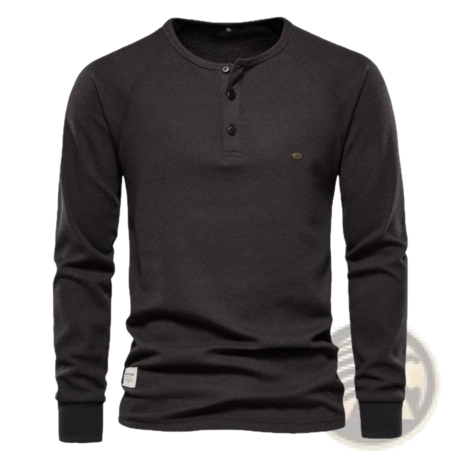 Mens ribbed henley long sleeve shirt in black with ribbed texture and three black buttons on the front neckline