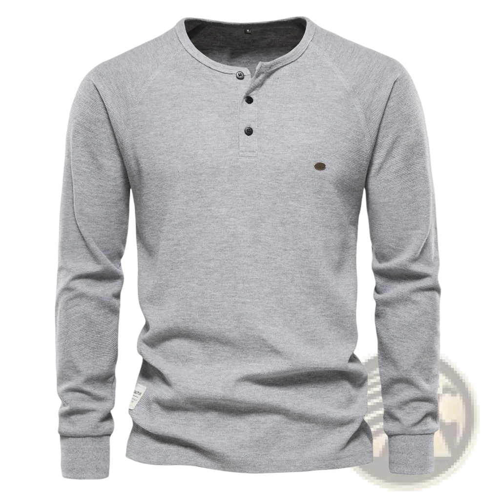 Mens ribbed henley long sleeve shirt in gray heathered fabric with black buttons and small olive green chest logo
