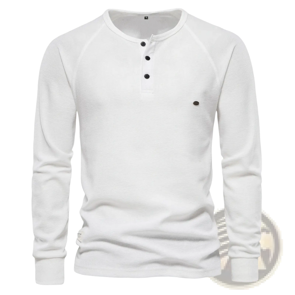 Mens ribbed henley long sleeve shirt in white with black buttons and subtle ribbed texture for casual wear