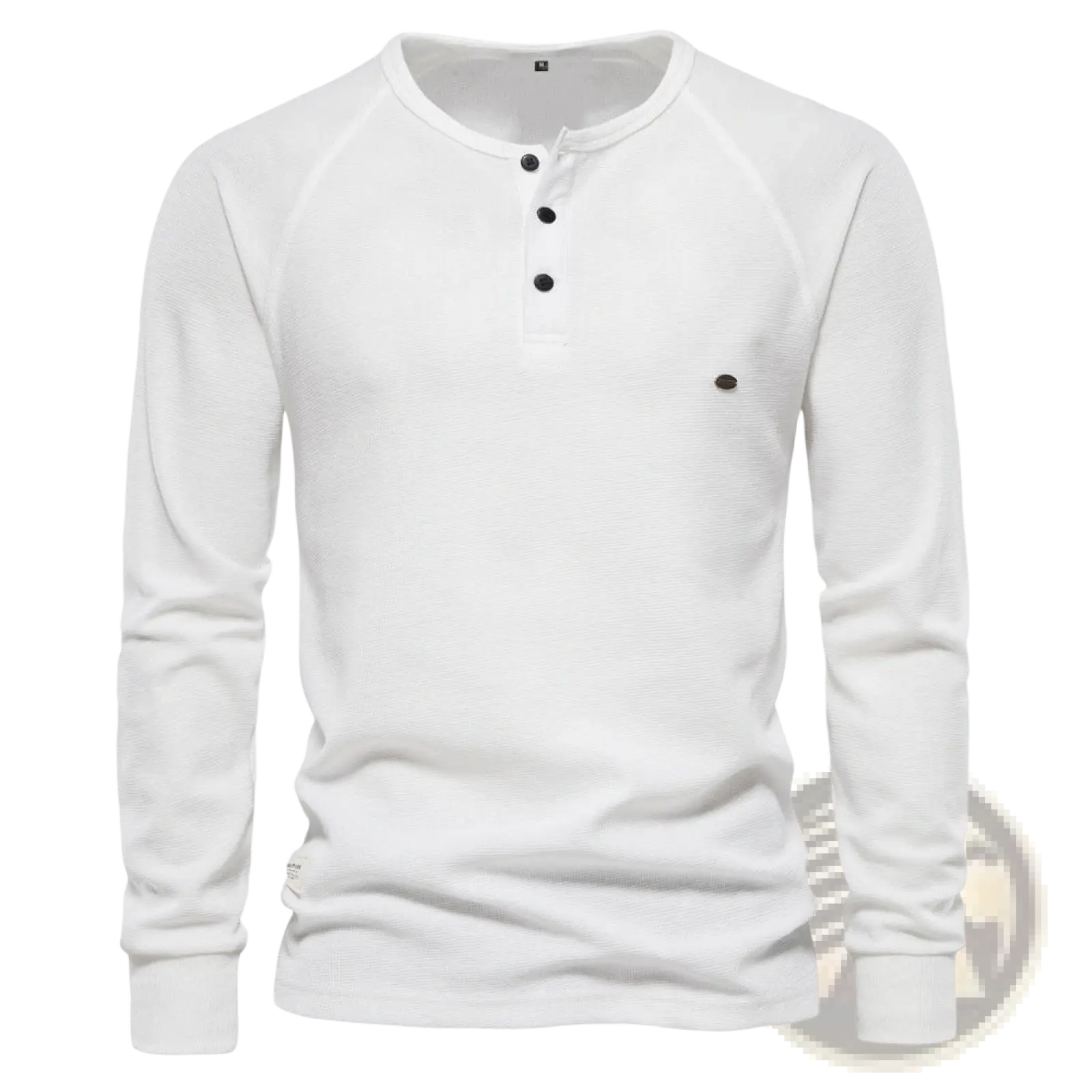 Mens ribbed henley long sleeve shirt in white with black buttons and subtle ribbed texture for casual wear