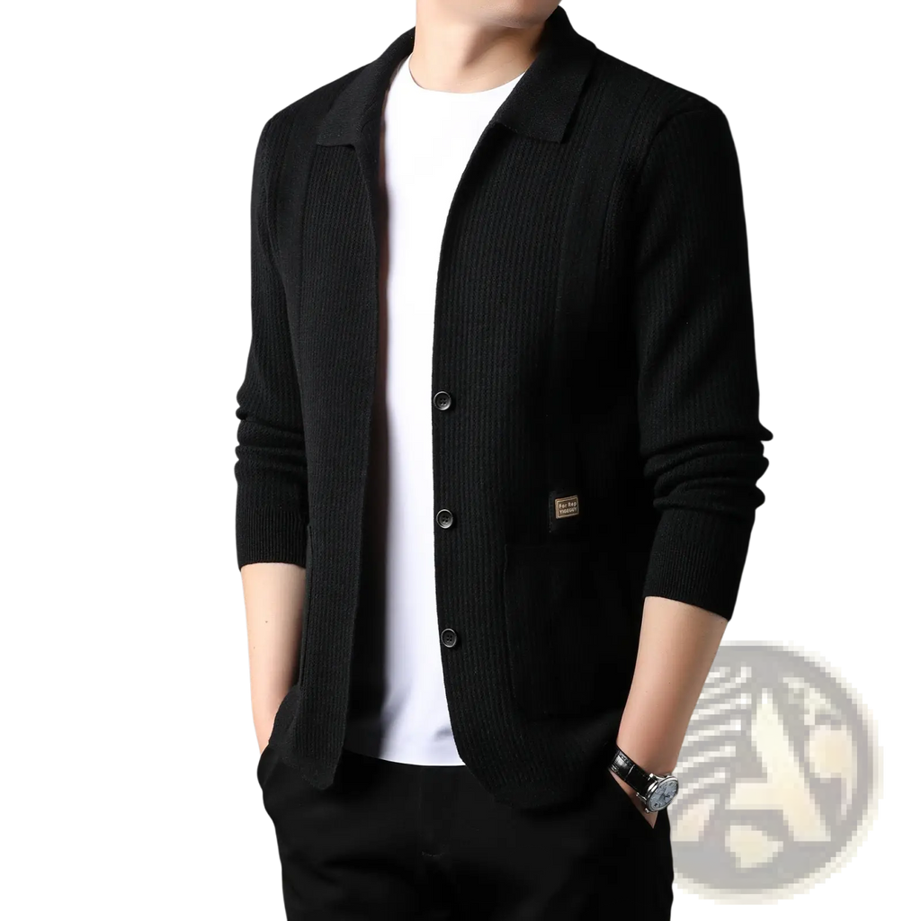 Men’s black ribbed knit cardigan sweater coat with three buttons and a small patch on the left chest
