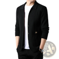 Men’s black ribbed knit cardigan sweater coat with three buttons and a small patch on the left chest