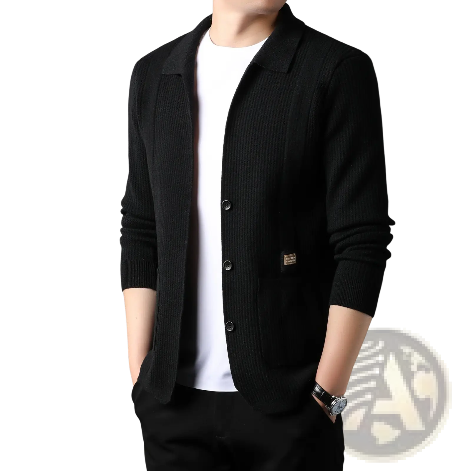 Men’s black ribbed knit cardigan sweater coat with three buttons and a small patch on the left chest
