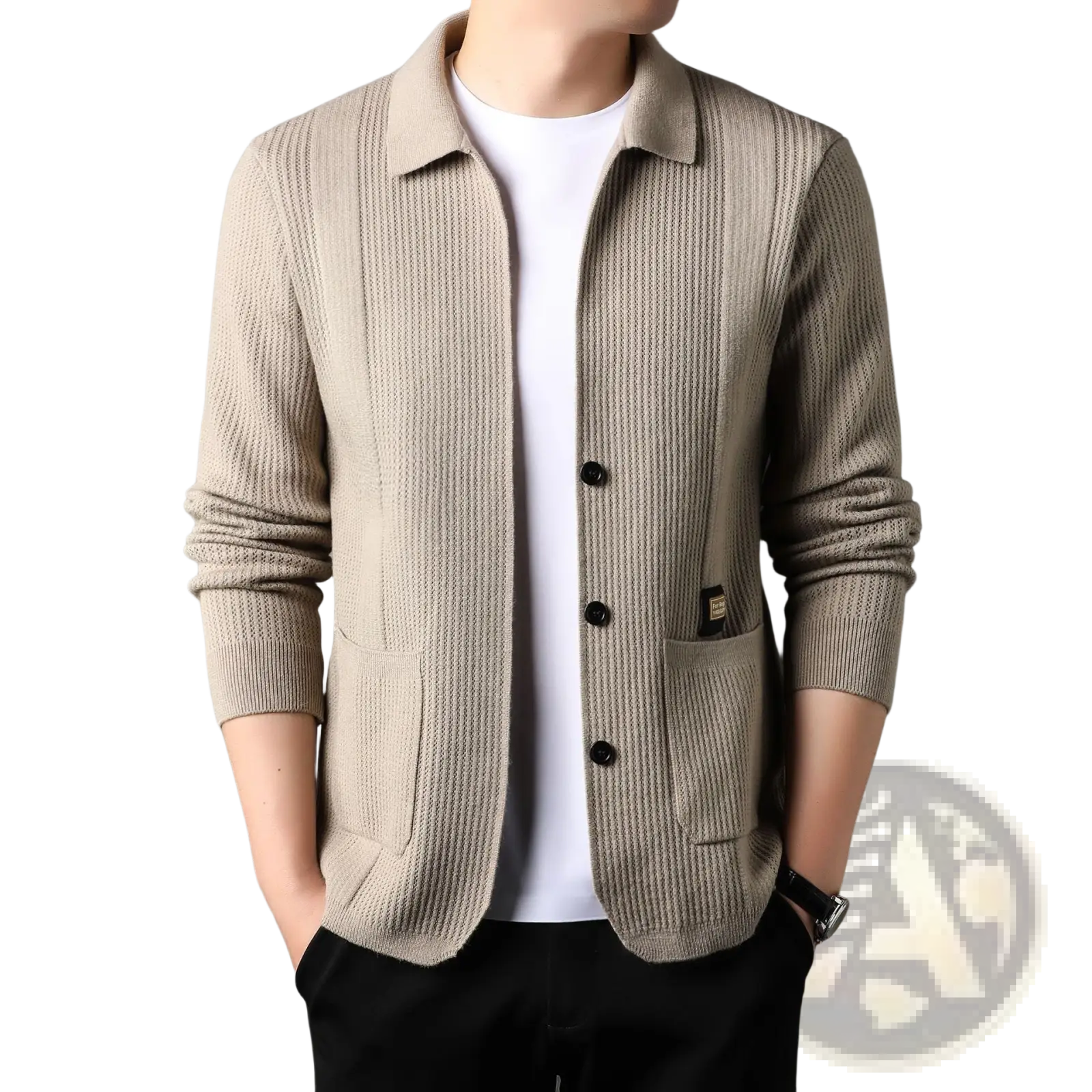 Beige ribbed knit men’s cardigan sweater coat with black buttons and front pockets in a warm knit material