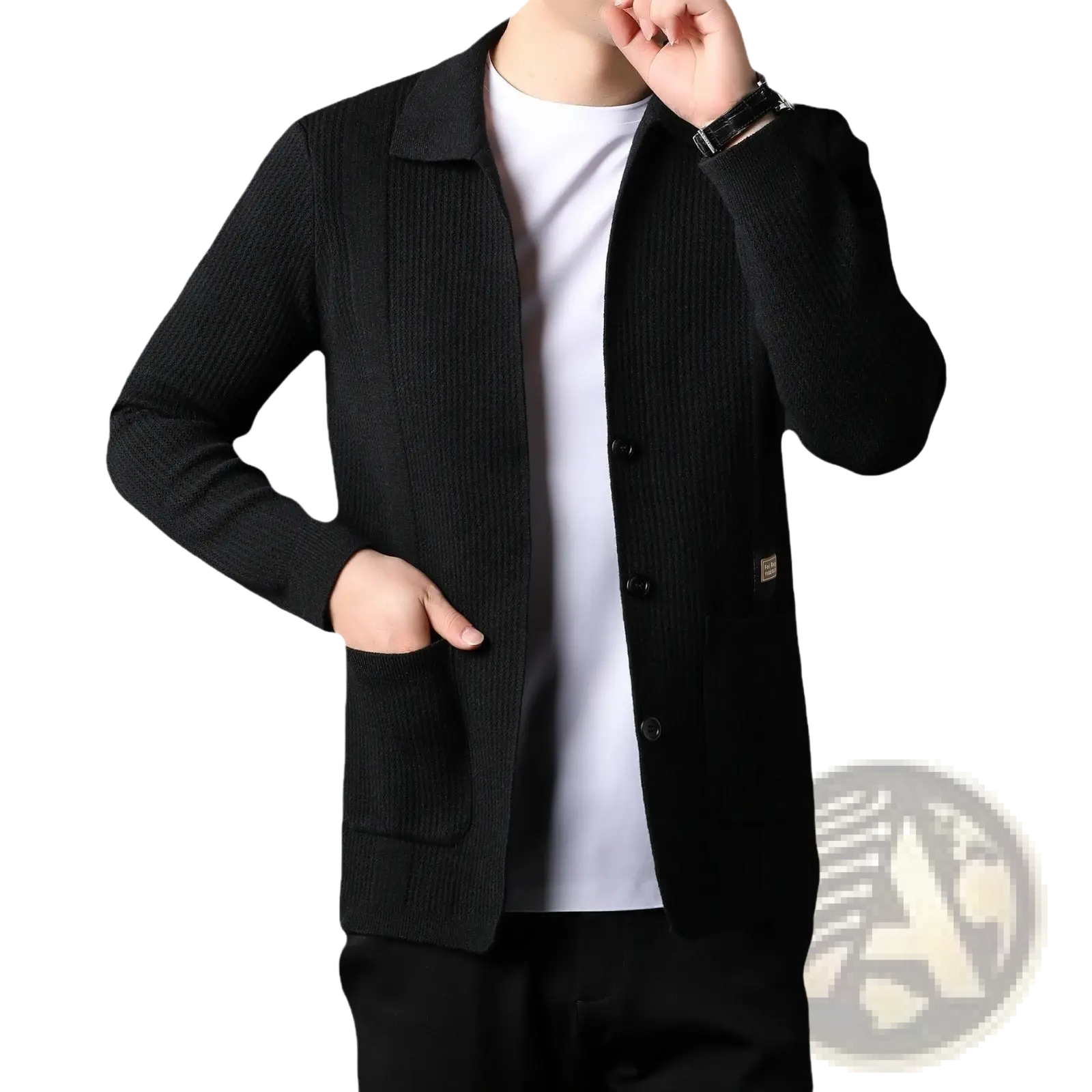 Men’s black ribbed knit cardigan sweater coat with button closure and front pockets made from soft knit material