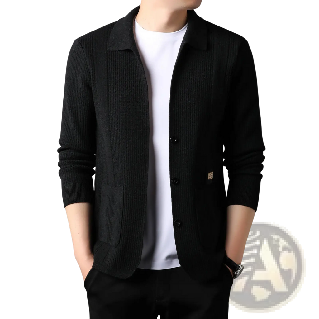 Men’s black ribbed knit cardigan sweater coat with button closure and front pockets made of knit fabric