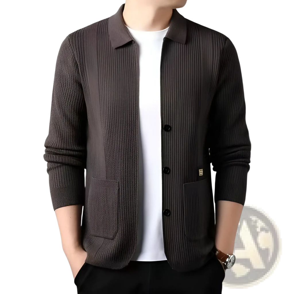Men’s dark gray ribbed knit cardigan sweater coat with collar and front button closure made from knit fabric