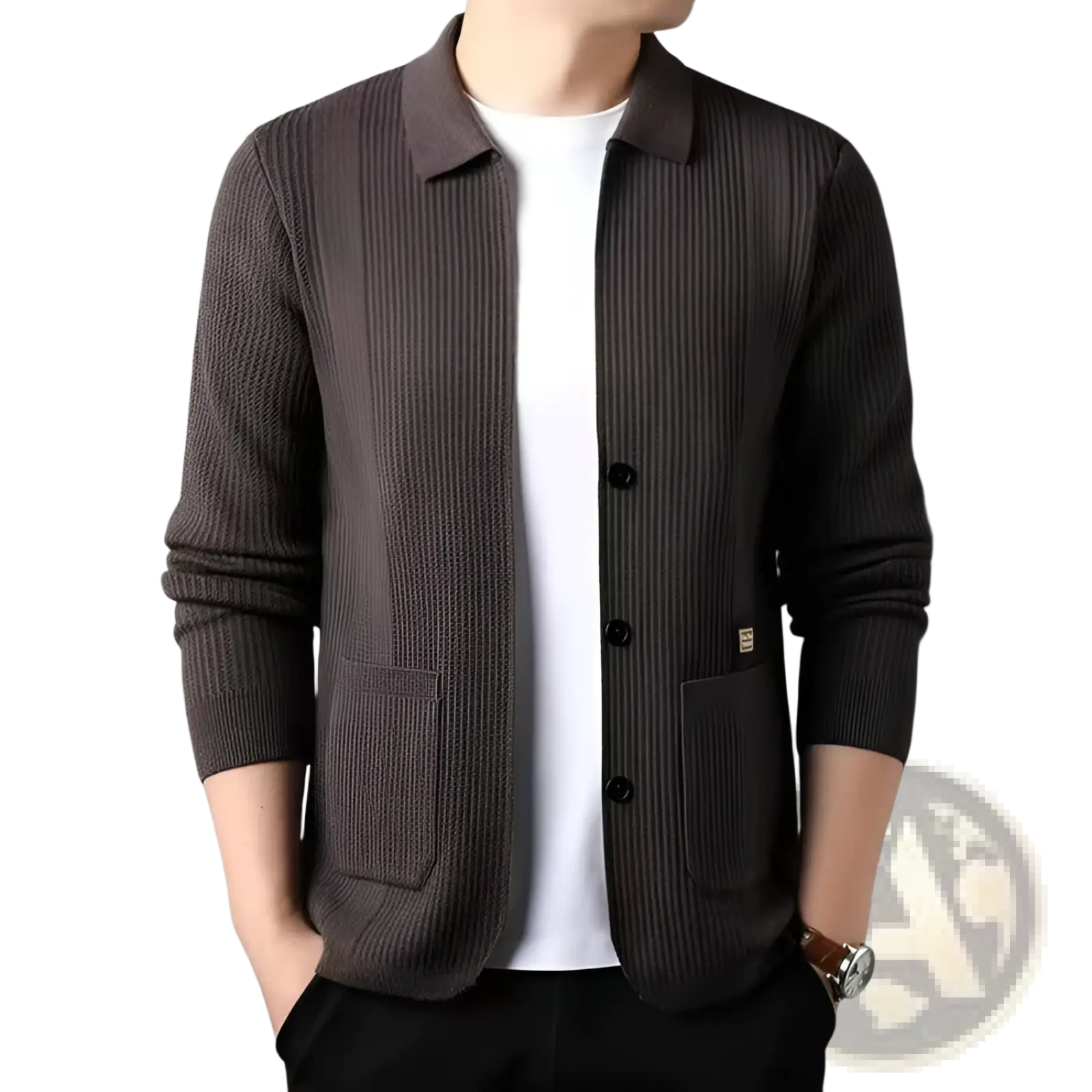 Men’s dark gray ribbed knit cardigan sweater coat with collar and front button closure made from knit fabric