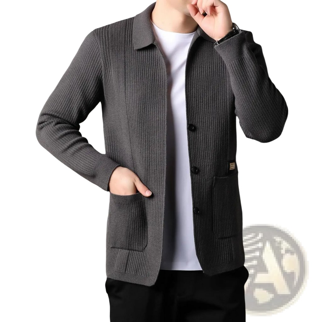 Men’s gray ribbed knit cardigan sweater coat with black buttons and front pockets made of soft knit material