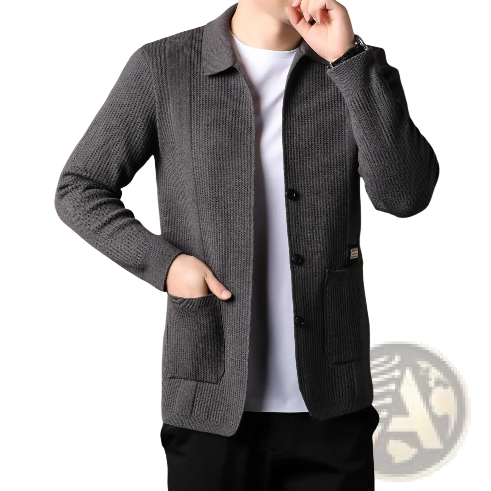 Men’s gray ribbed knit cardigan sweater coat with black buttons and front pockets made of soft knit material