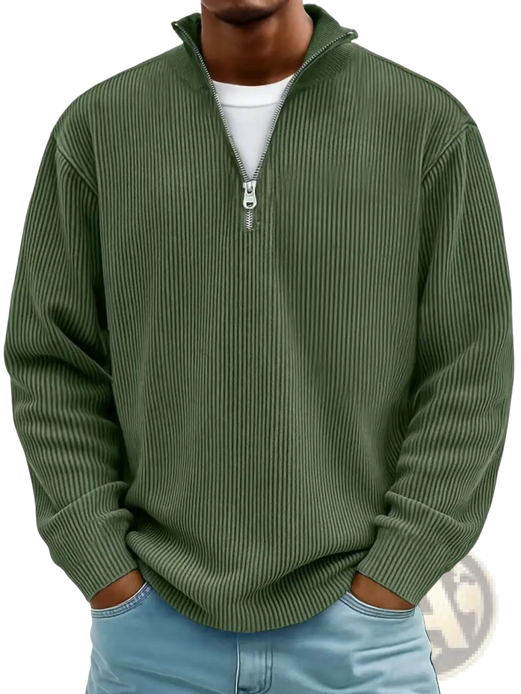 Men’s olive green ribbed knit half-zip corduroy polo sweatshirt with silver zipper pull and textured fabric