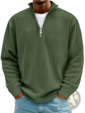 Men’s olive green ribbed knit half-zip corduroy polo sweatshirt with silver zipper pull and textured fabric