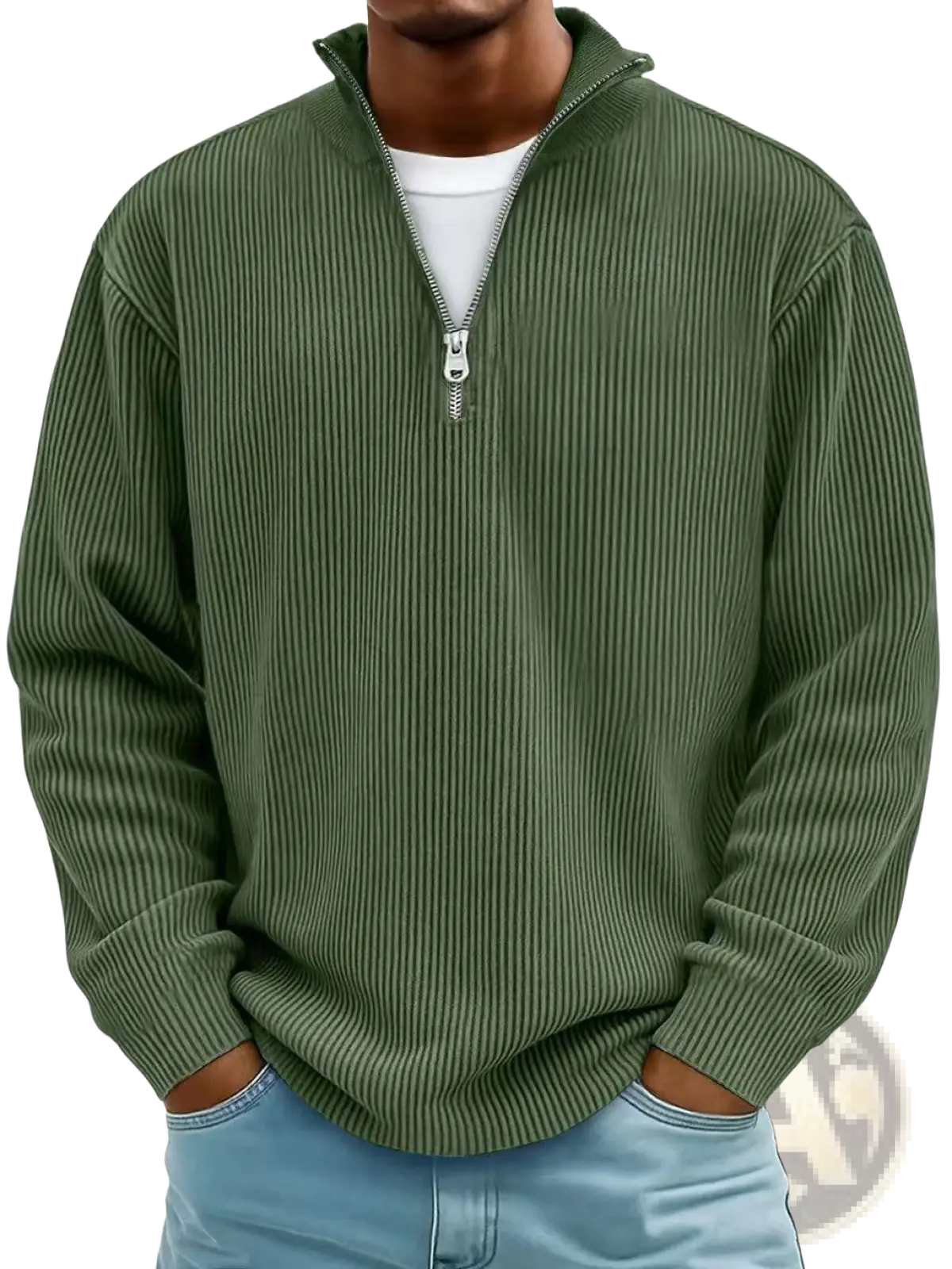 Men’s olive green ribbed knit half-zip corduroy polo sweatshirt with silver zipper pull and textured fabric
