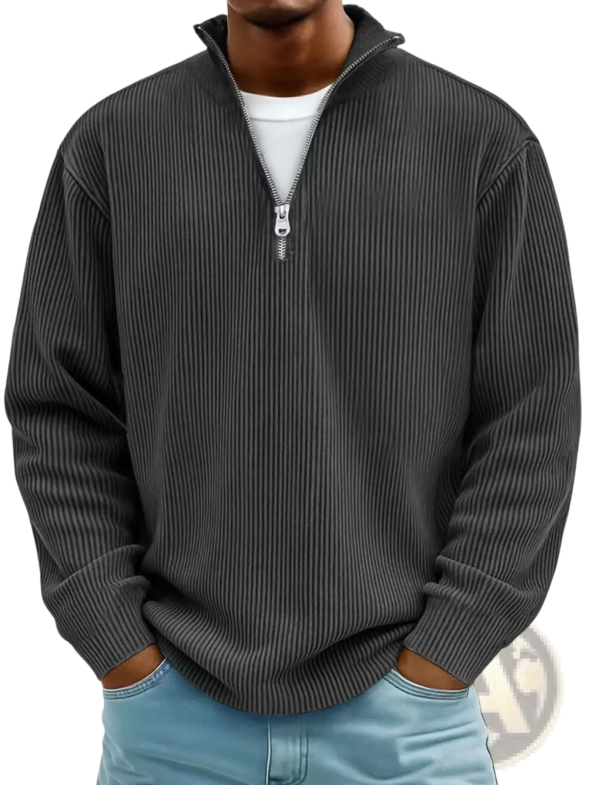 Men’s dark gray ribbed knit half zip corduroy polo sweatshirt with a silver zipper pull for casual wear