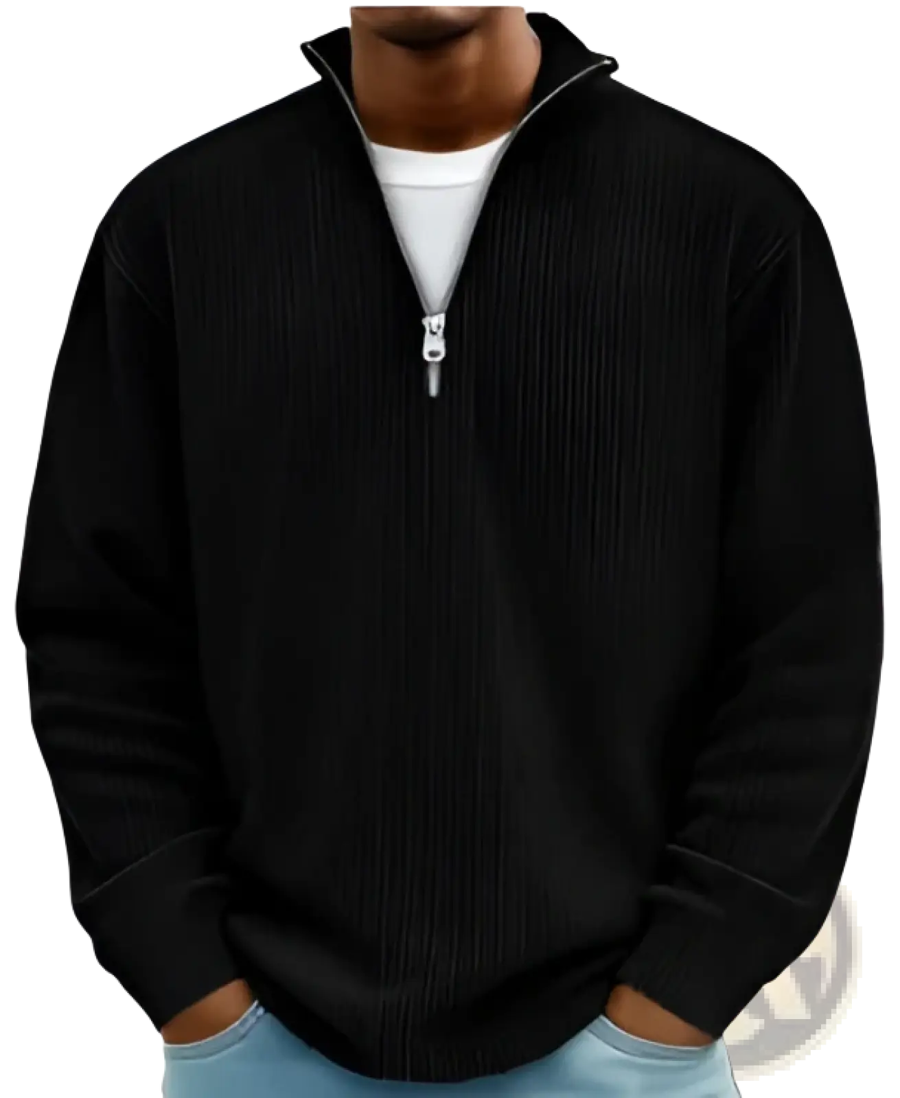 Men’s ribbed knit half zip corduroy polo sweatshirt in black with quarter-zip and ribbed cuffs and collar