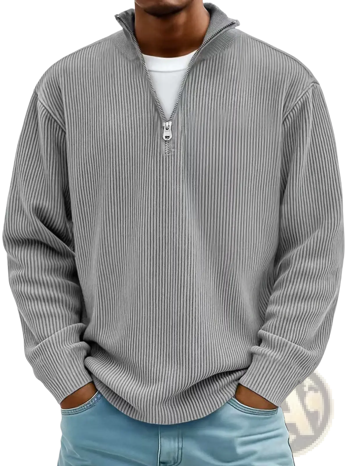 Men’s gray ribbed knit half zip corduroy polo sweatshirt with soft textured fabric and silver zipper pull