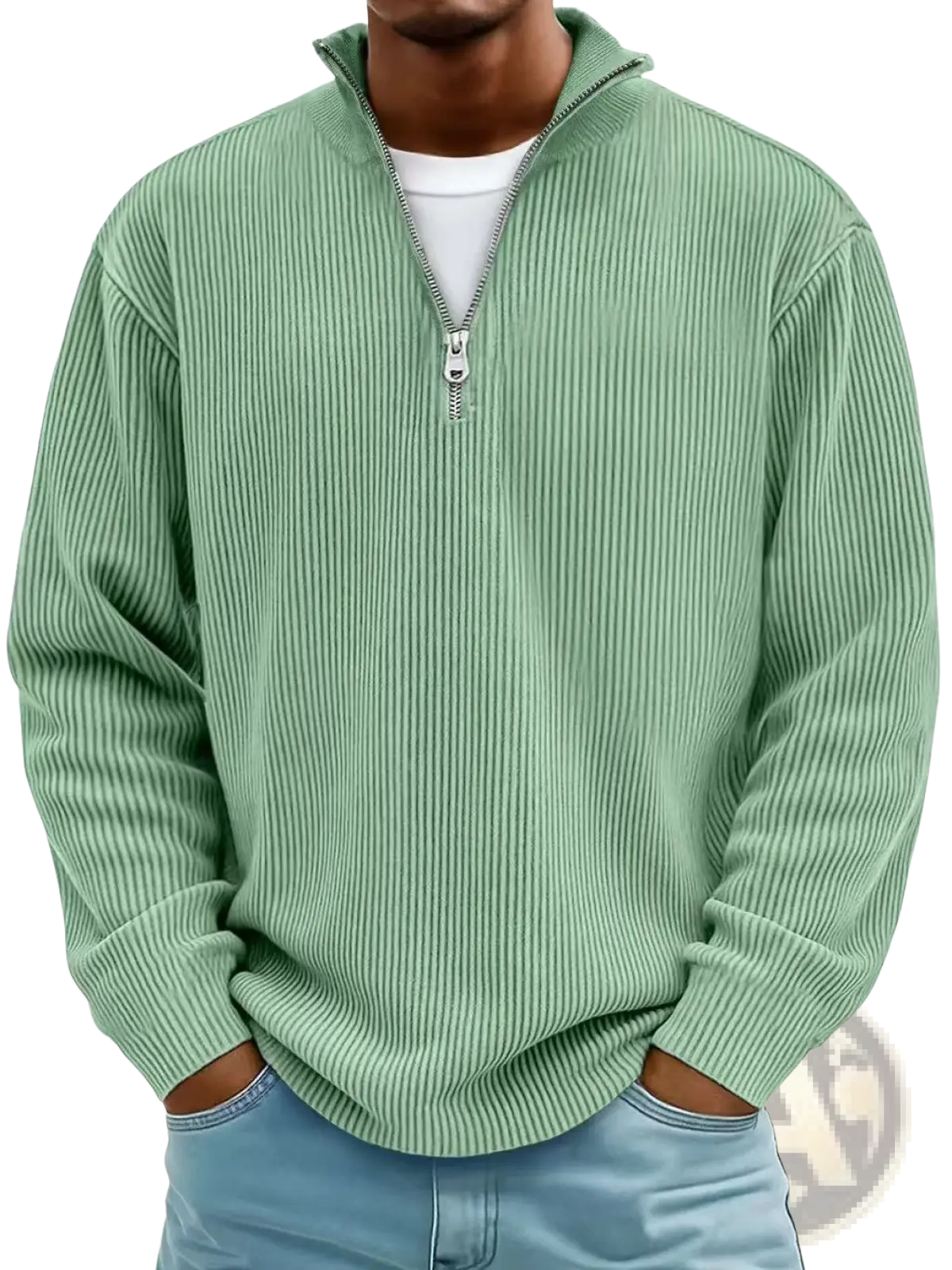 Men’s light green ribbed knit half zip corduroy polo sweatshirt with silver zipper and textured fabric design