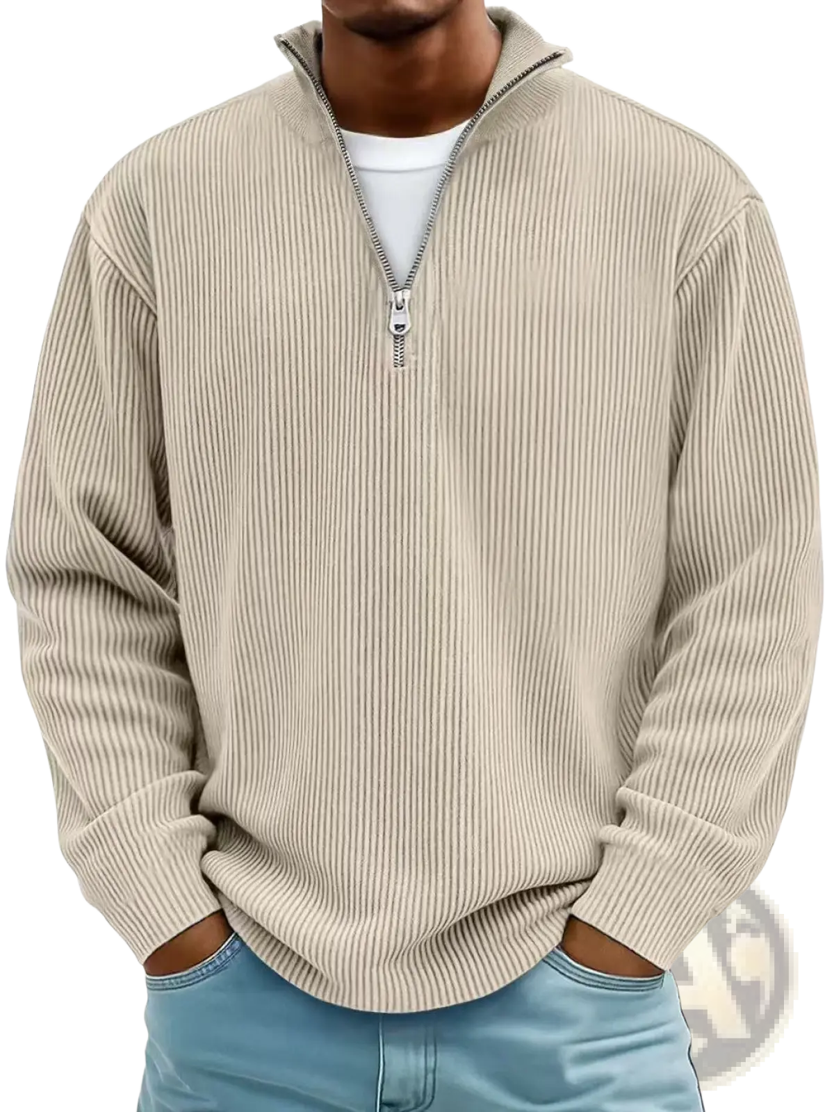 Beige ribbed knit men’s half-zip corduroy polo sweatshirt featuring a silver zipper and casual style