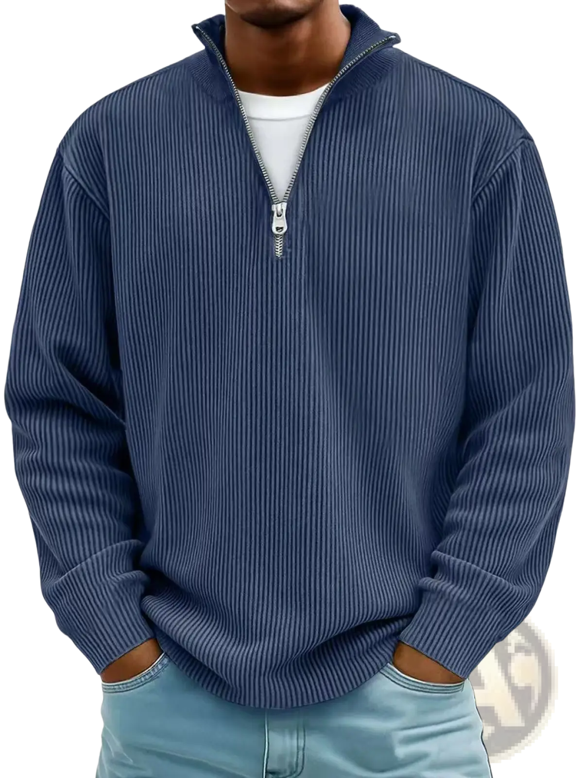 Men’s navy blue ribbed knit half zip sweatshirt with corduroy polo collar suitable for casual wear