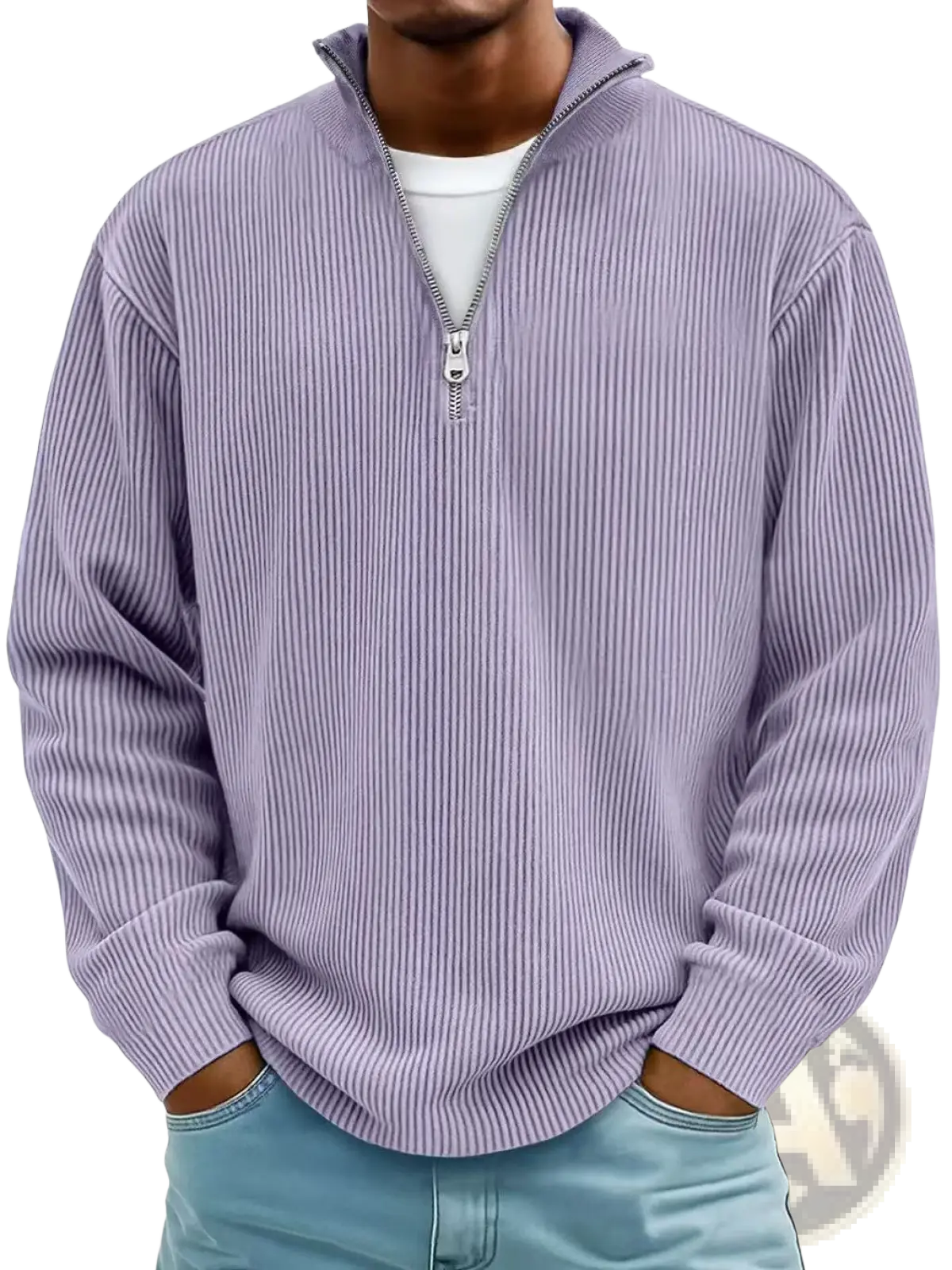 Men’s ribbed knit half zip corduroy polo sweatshirt in lavender with a silver zipper detail