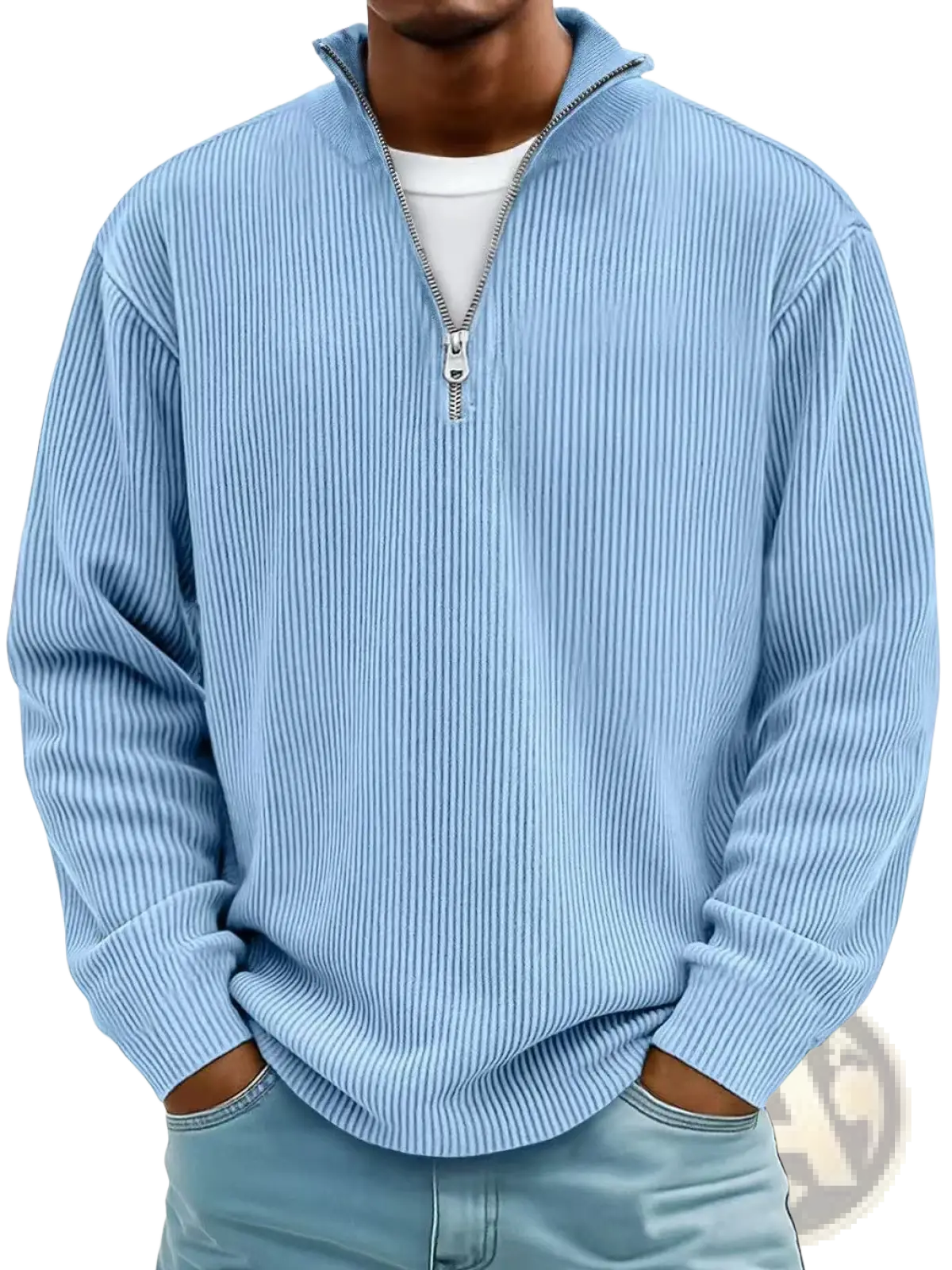 Men’s light blue ribbed knit half zip corduroy polo sweatshirt with a silver zipper and quarter-zip design