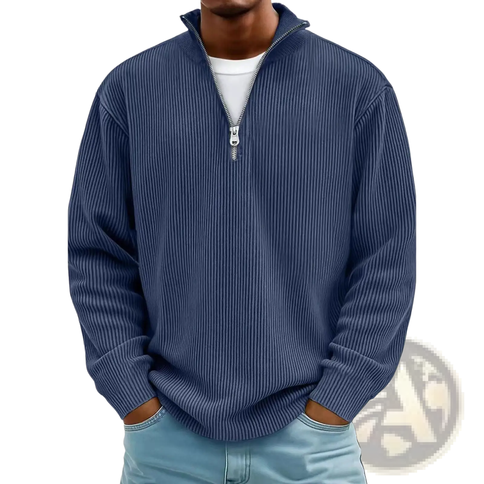 Men’s navy blue ribbed knit half-zip corduroy polo sweatshirt combining warmth and style for casual wear
