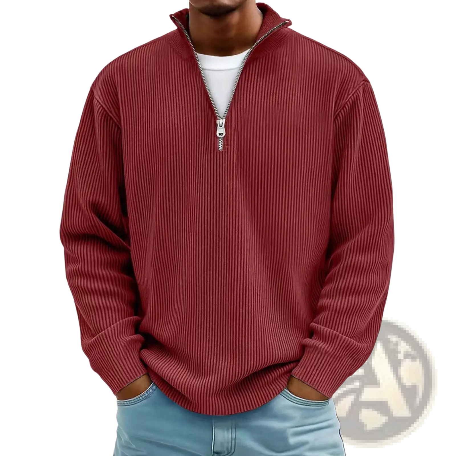 Men’s ribbed knit half zip corduroy polo sweatshirt in rich maroon with silver zipper and ribbed texture