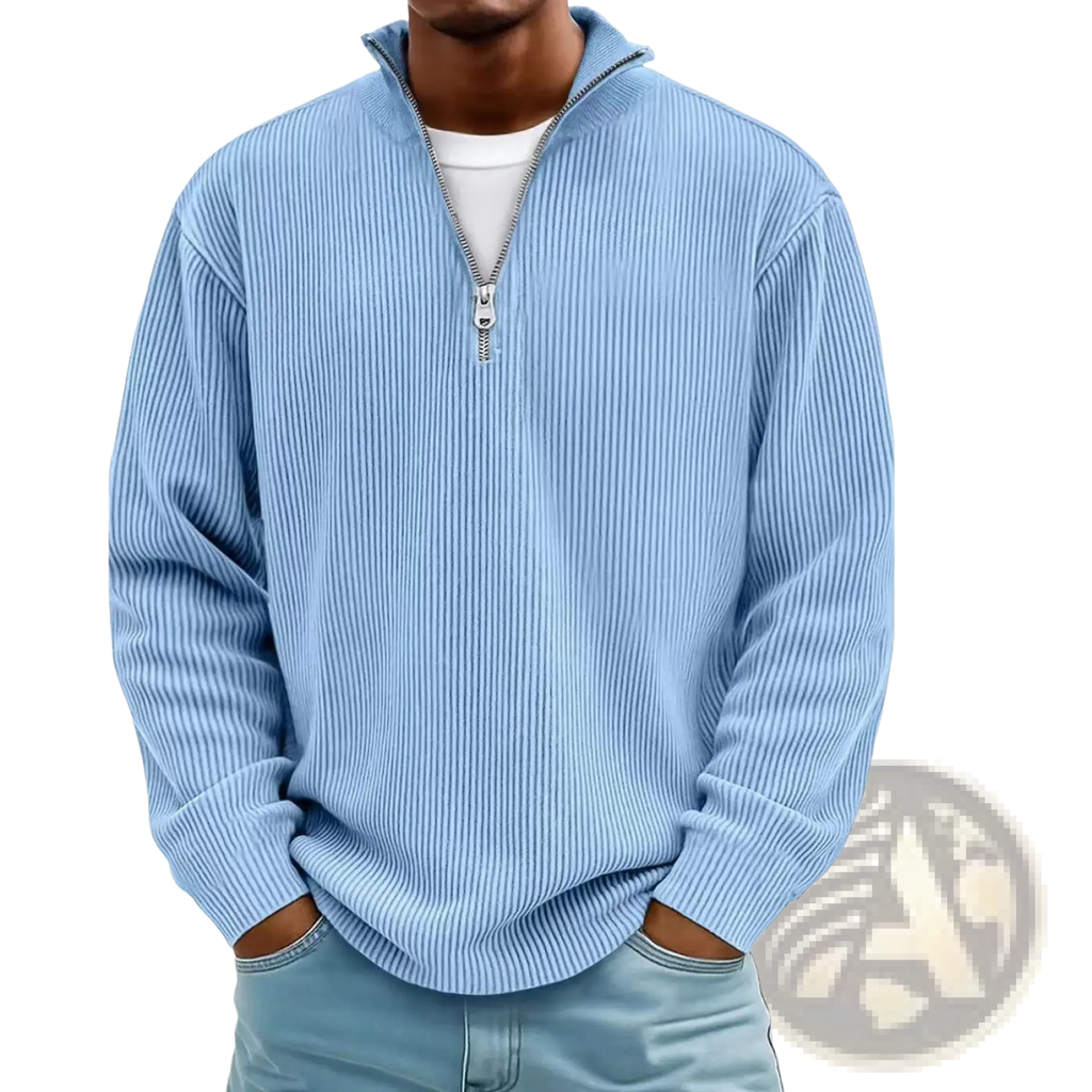 Men’s light blue ribbed knit half zip polo sweatshirt with silver zipper made of corduroy material