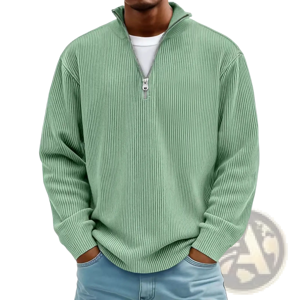 Men’s ribbed knit half zip corduroy polo sweatshirt in soft mint green with a silver zipper and ribbed texture