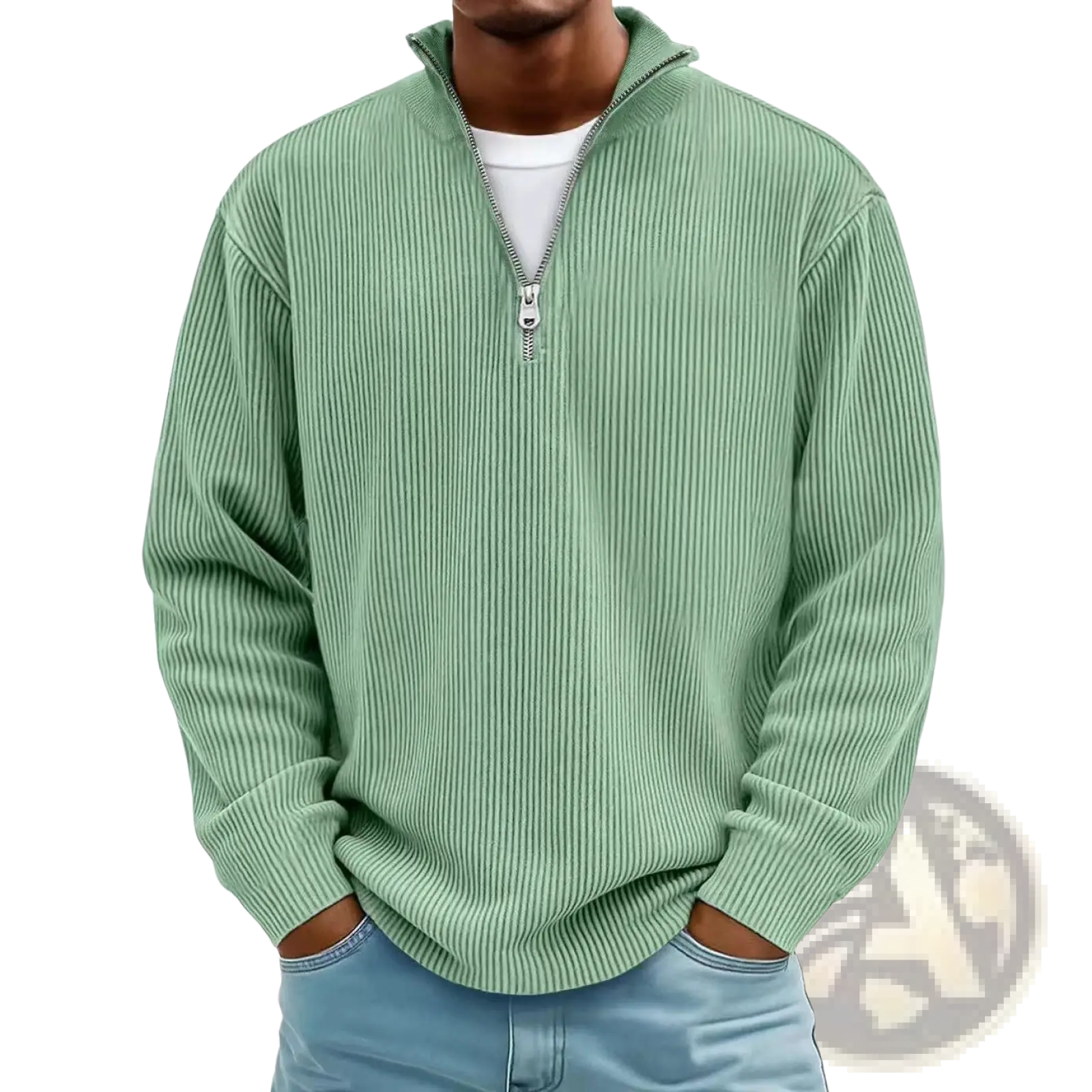 Men’s ribbed knit half zip corduroy polo sweatshirt in soft mint green with a silver zipper and ribbed texture