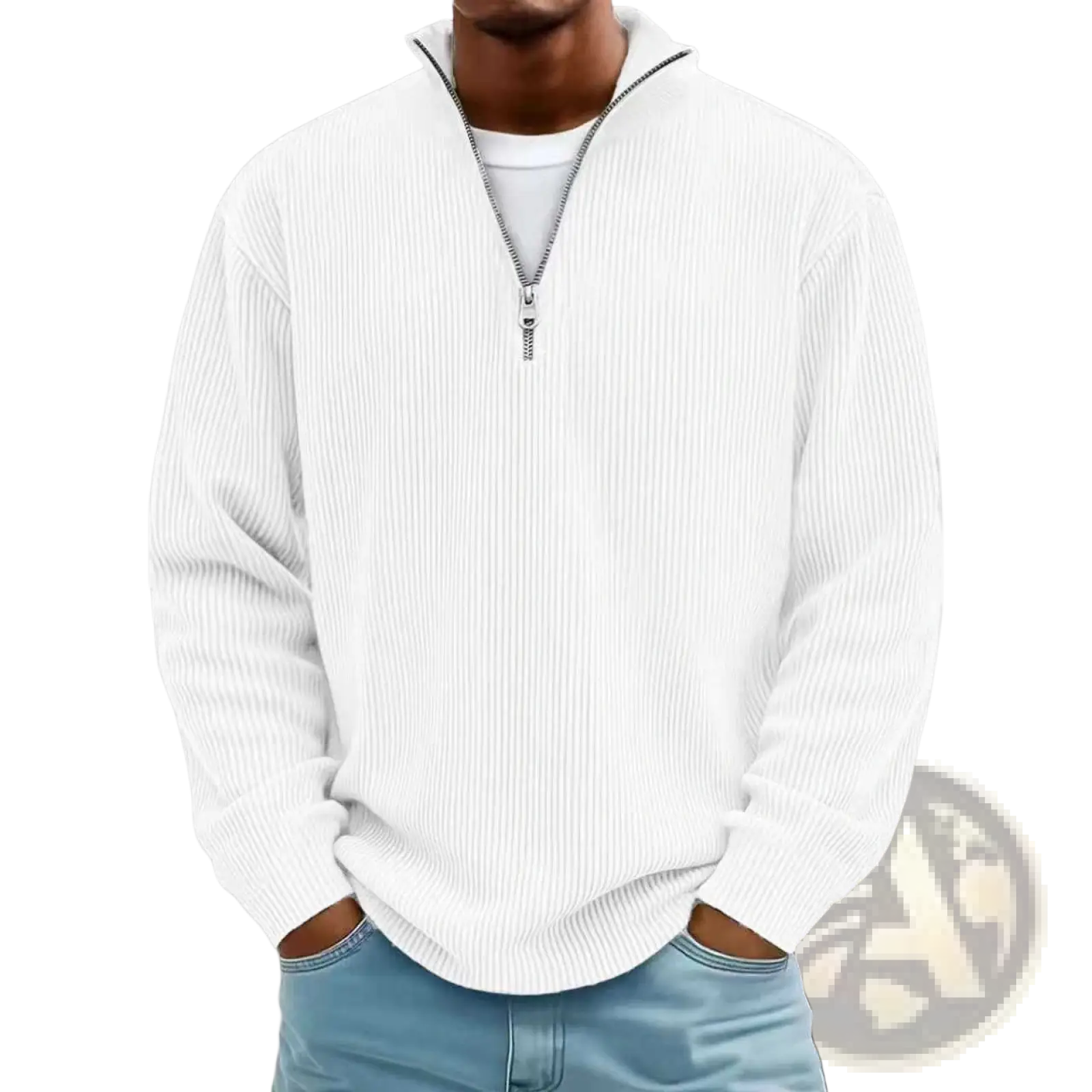 Men’s white ribbed knit half zip corduroy polo sweatshirt with silver zipper suitable for casual wear