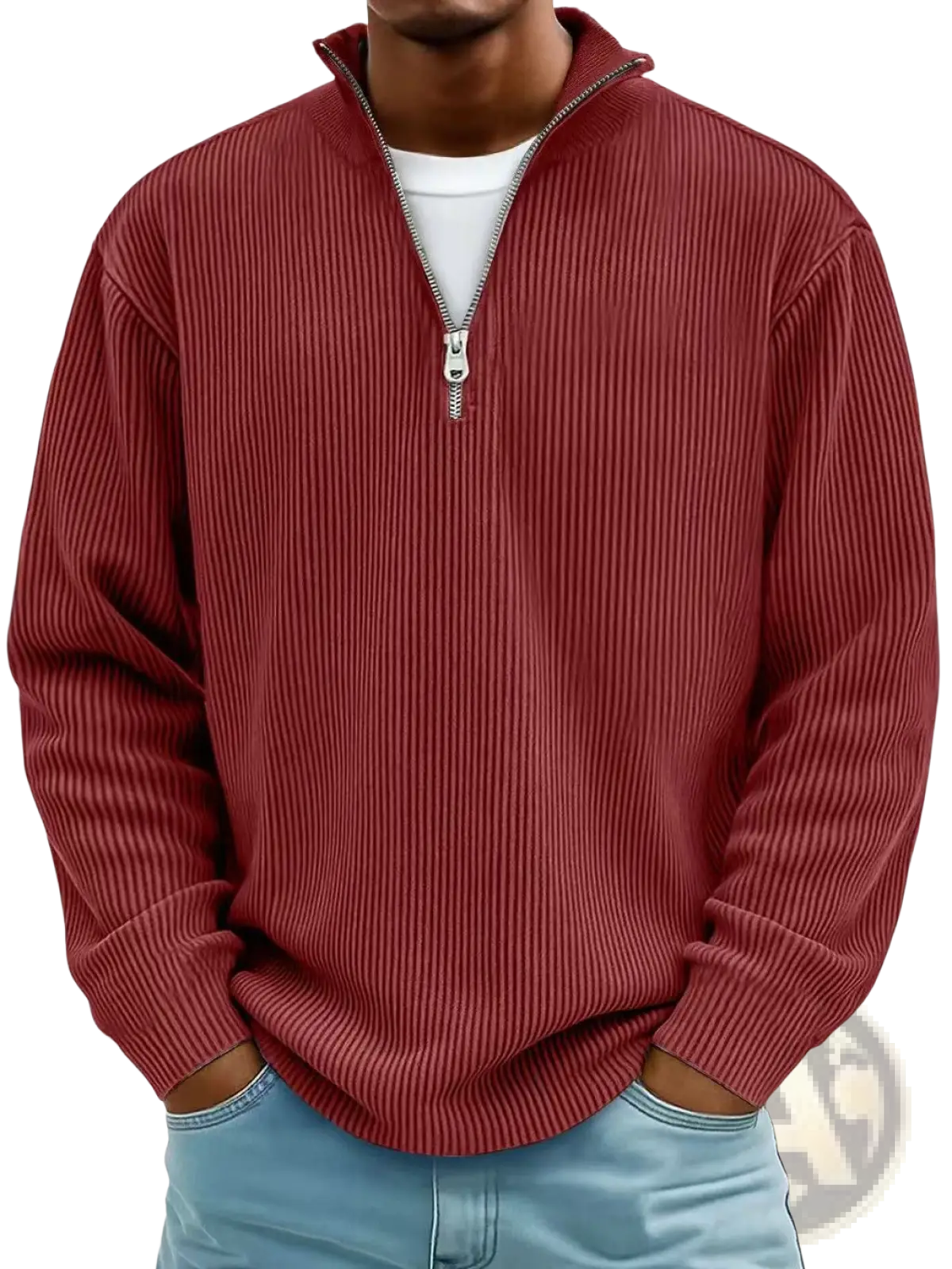 Men’s ribbed knit half zip corduroy polo sweatshirt in red with a silver zipper detail