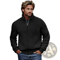 Men’s ribbed knit high collar zip up sweater in dark gray with full-length zipper and textured knit design