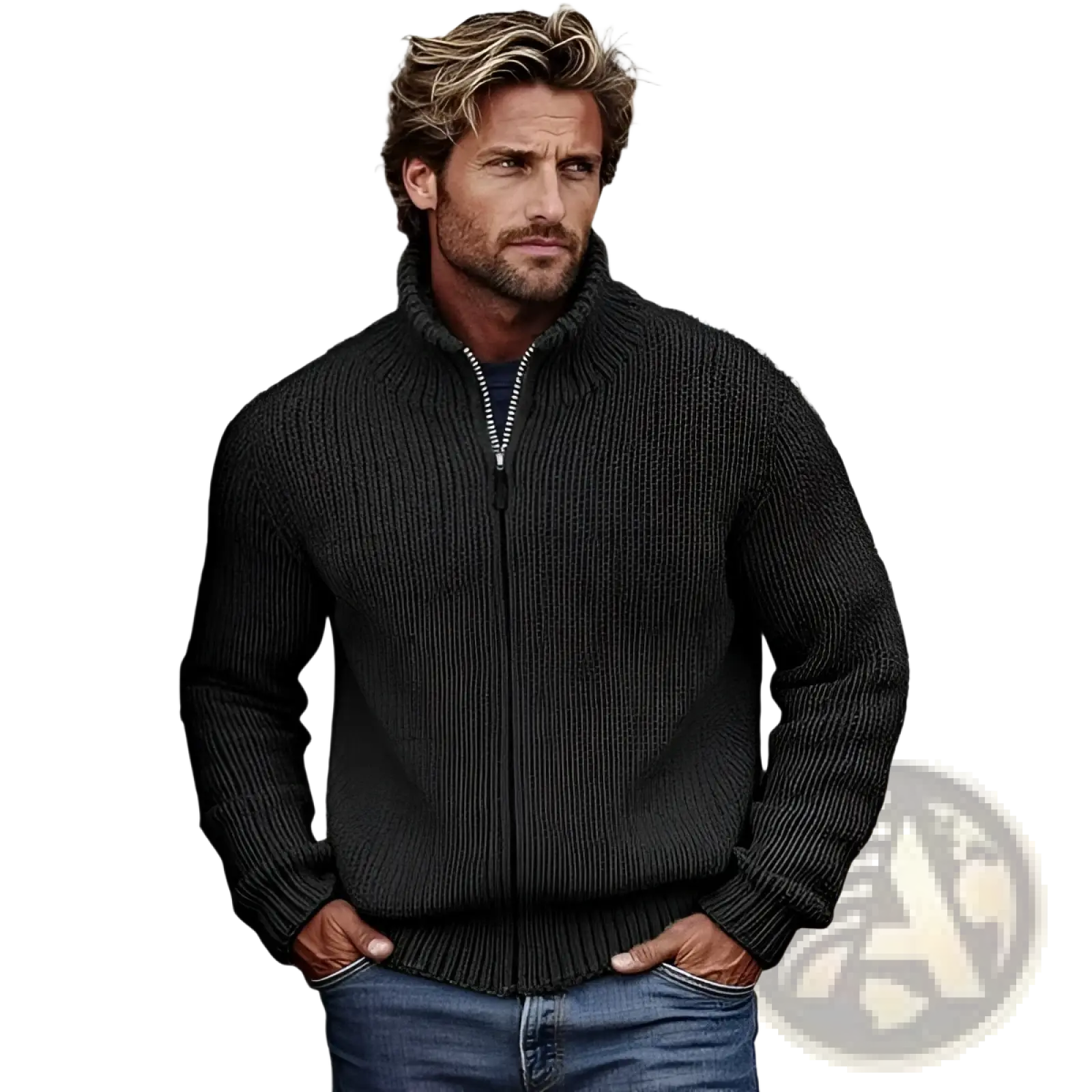 Men’s ribbed knit high collar zip up sweater in dark gray with full-length zipper and textured knit design