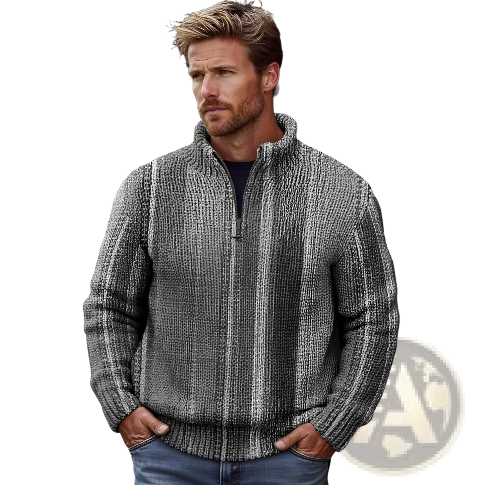 Men’s ribbed knit high collar zip up sweater in textured gray with front zipper and ribbed collar