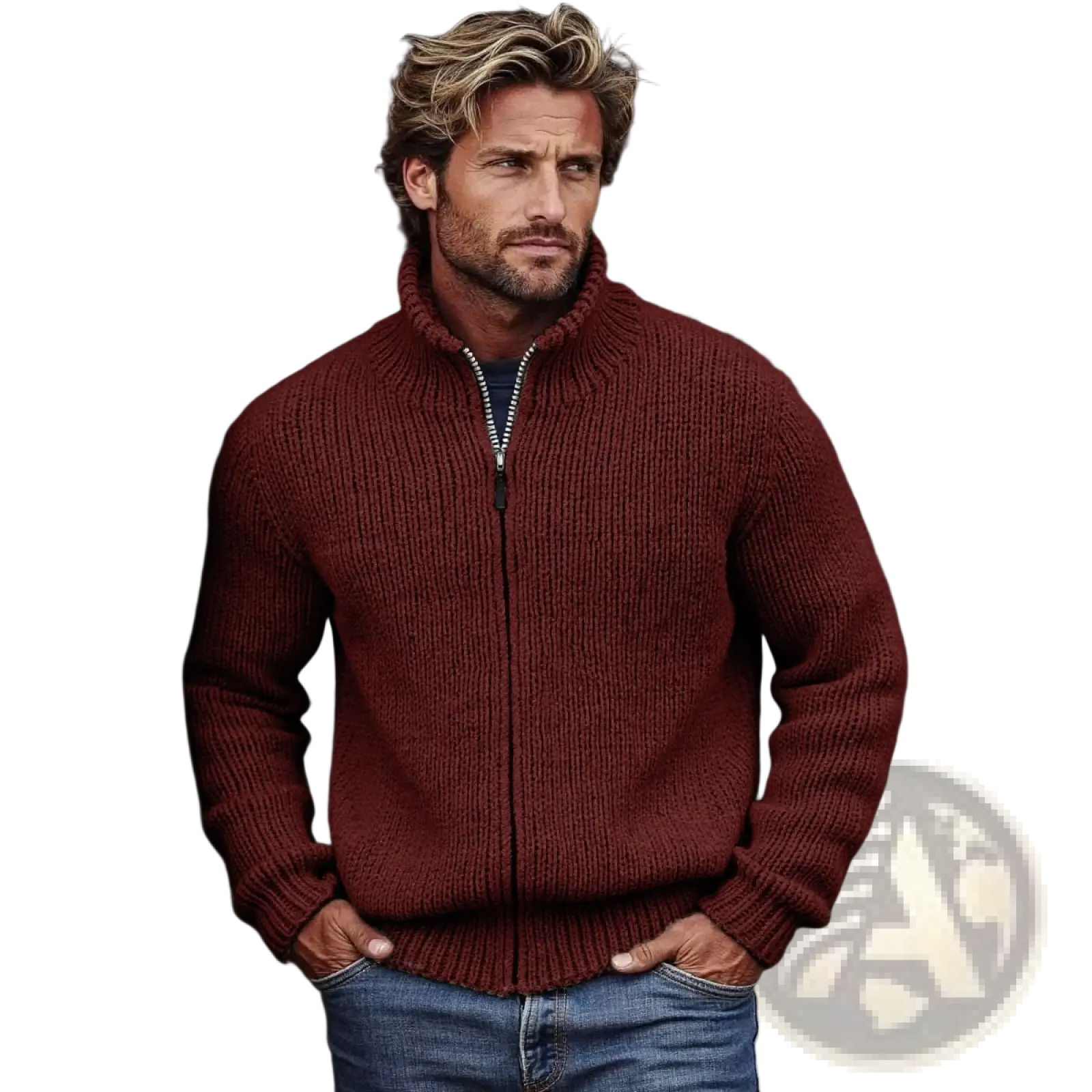 Men’s rich burgundy ribbed knit high collar zip-up sweater with silver zipper for stylish layering and warmth
