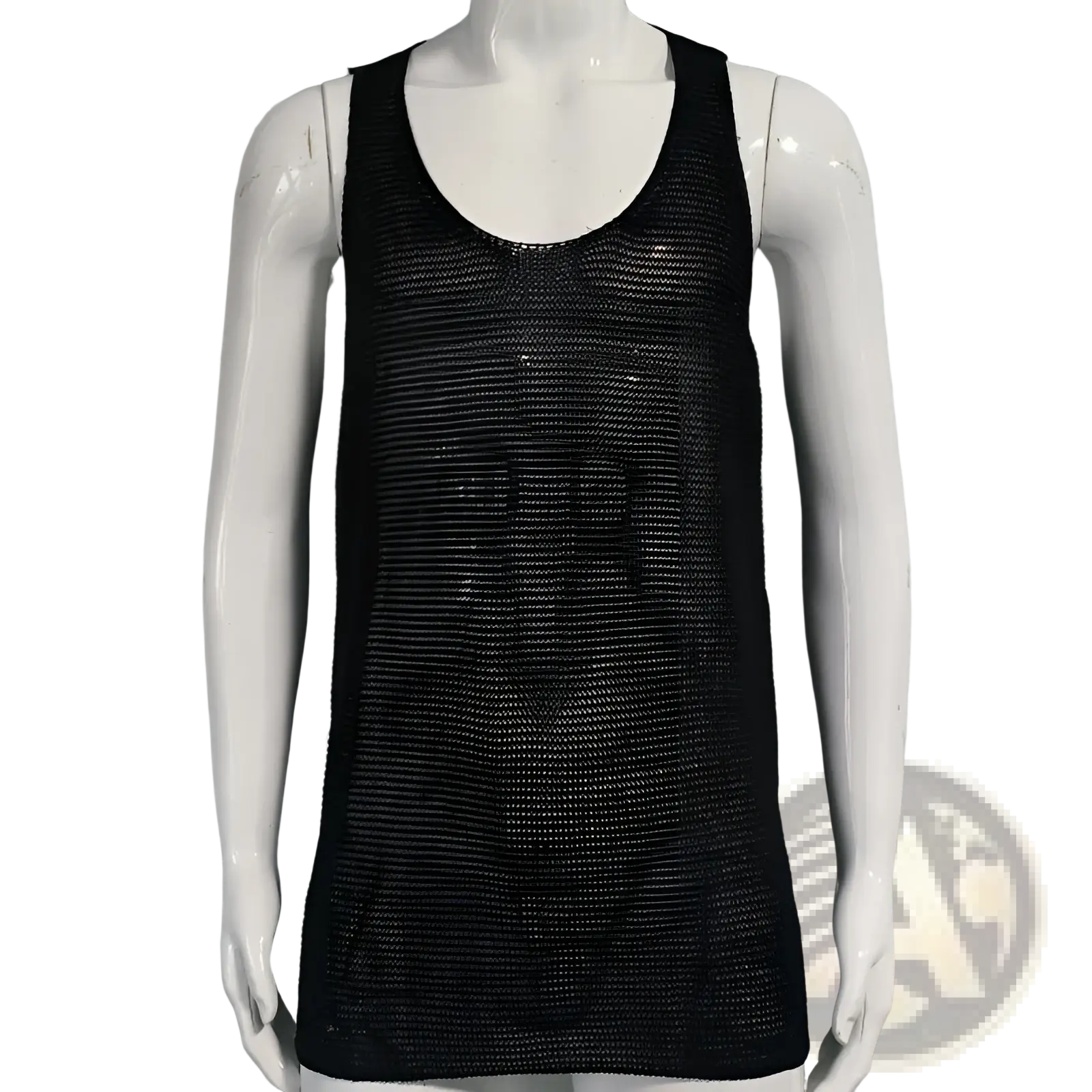 Black mesh men’s ribbed knit tank top with round neckline and subtle shimmer for casual sleeveless wear