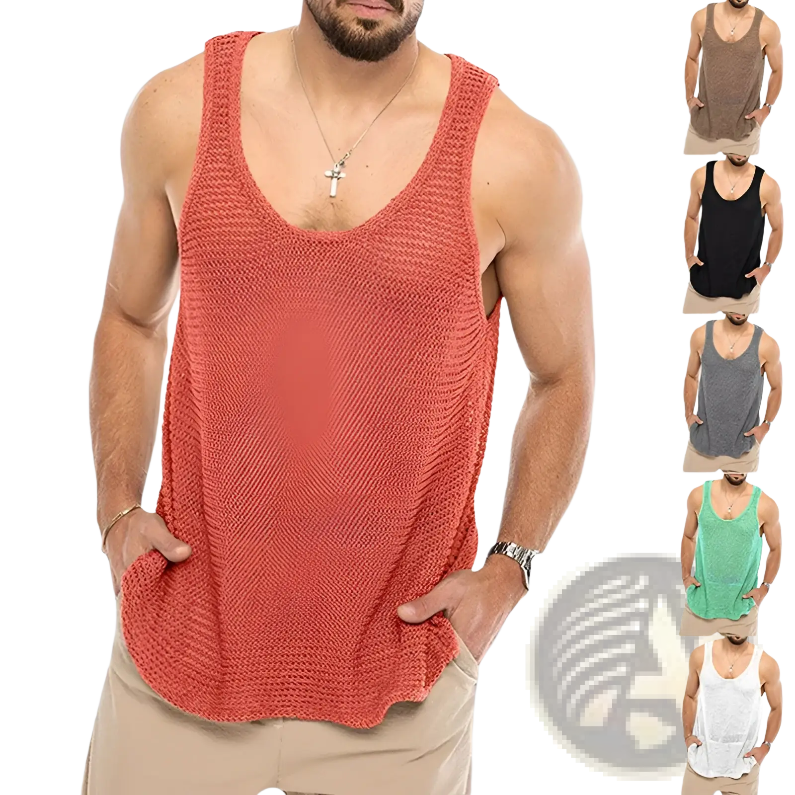 Men’s ribbed knit sleeveless vest in coral color with textured fabric scoop neckline and side pockets
