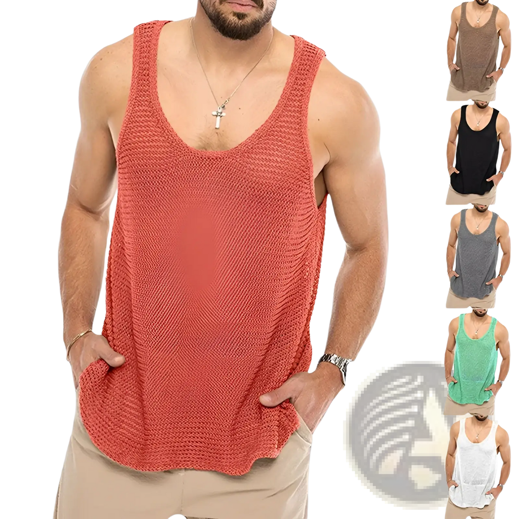 Men’s ribbed knit sleeveless vest in coral with textured fabric scoop neckline and side pockets