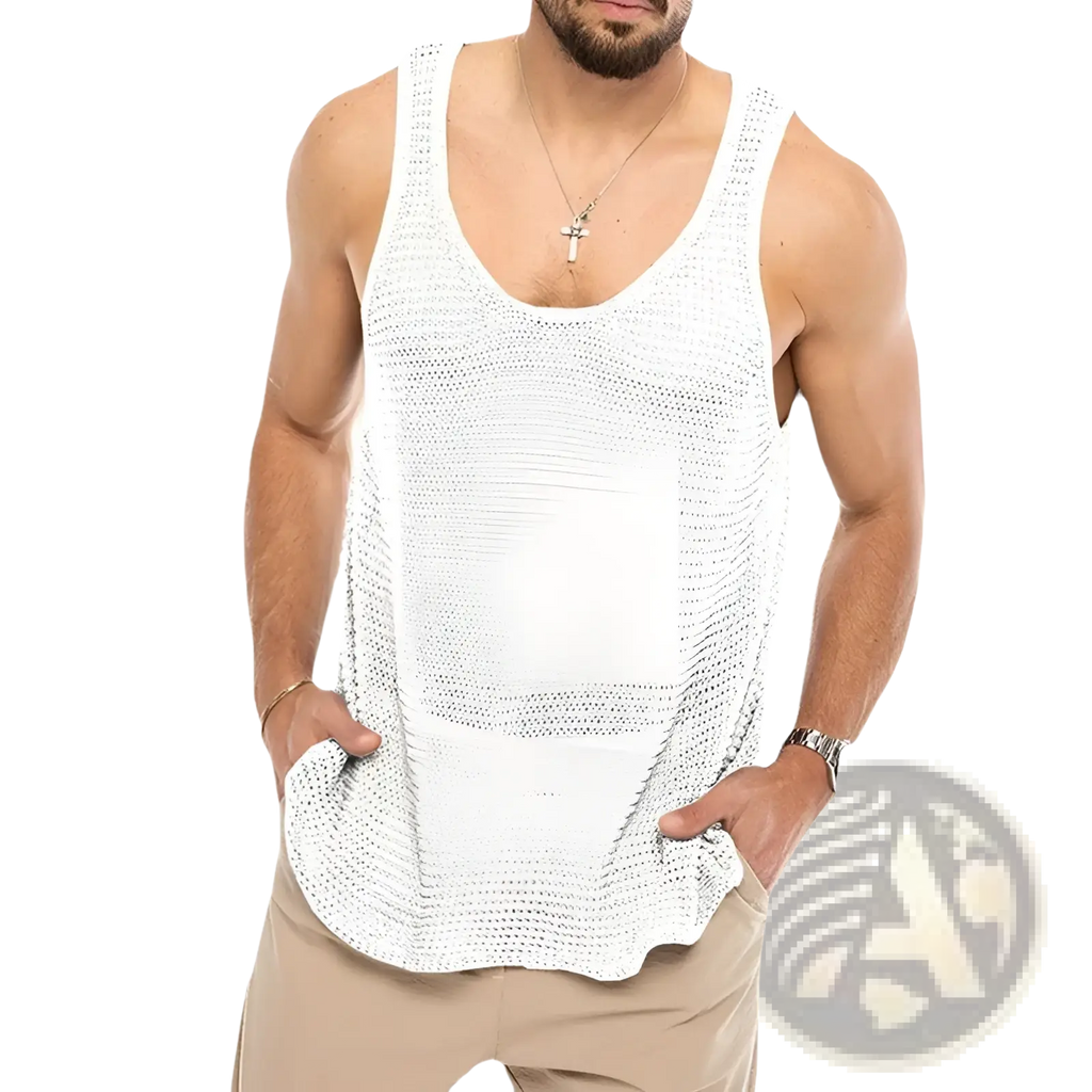 Men’s white ribbed knit scoop neck sleeveless vest with breathable fabric, loose fit, and side pockets
