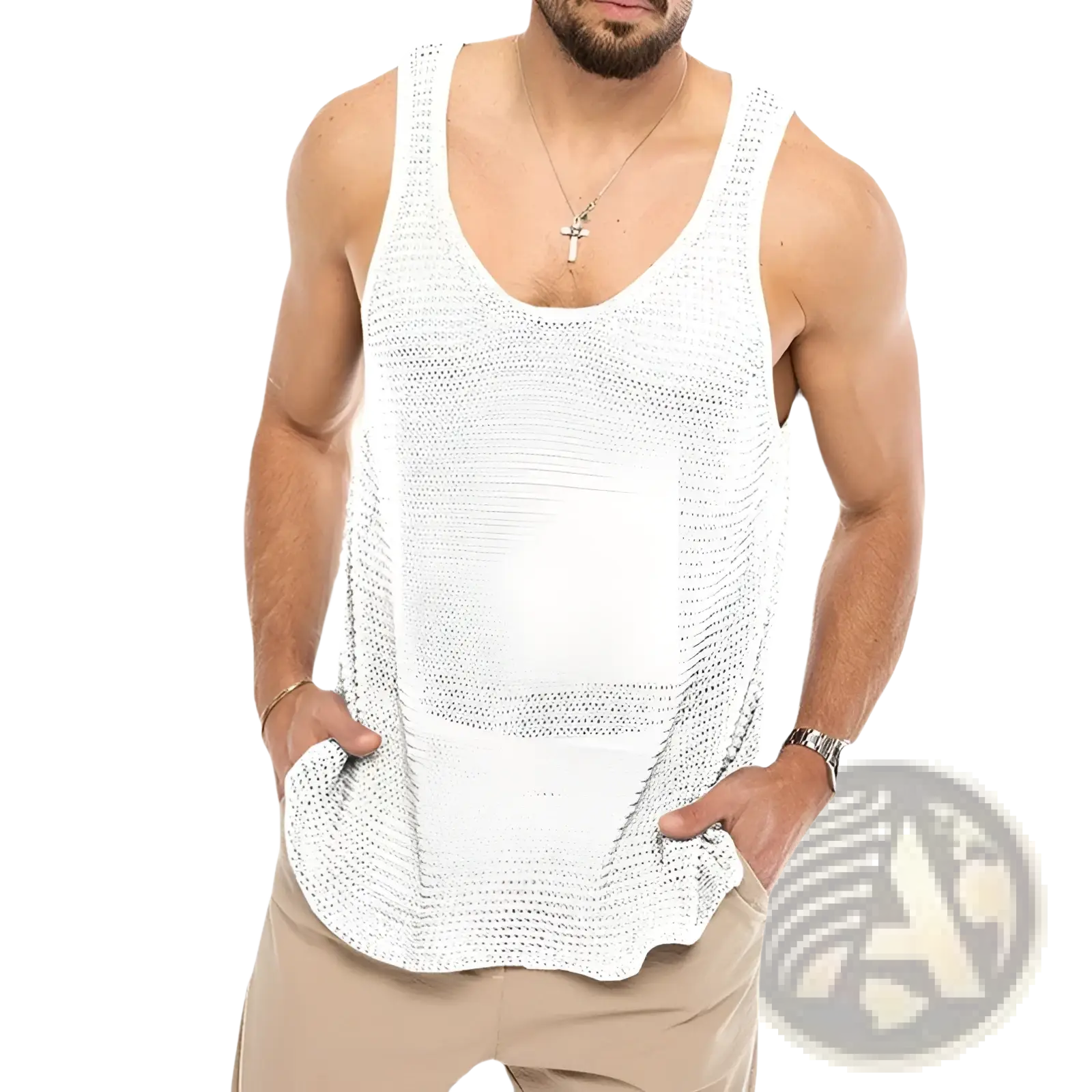 Men’s white ribbed knit scoop neck sleeveless vest with breathable fabric, loose fit, and side pockets