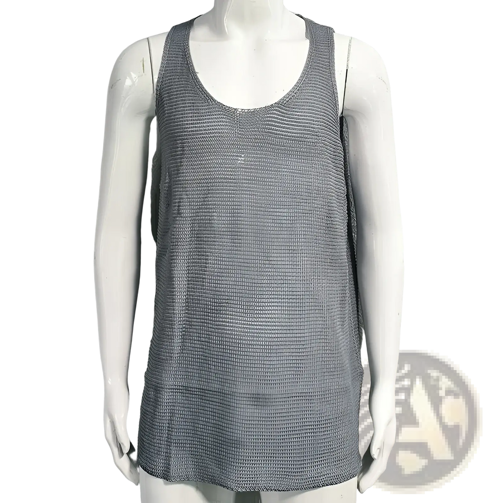 Men’s gray ribbed knit sleeveless vest with scoop neckline and thin straps made of soft knit fabric