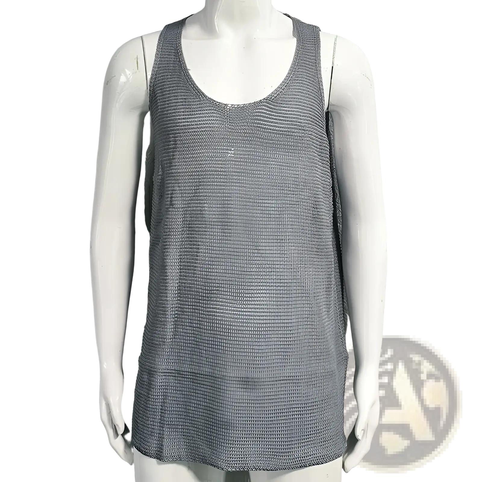 Men’s gray ribbed knit sleeveless vest with scoop neckline and thin straps made of soft knit fabric
